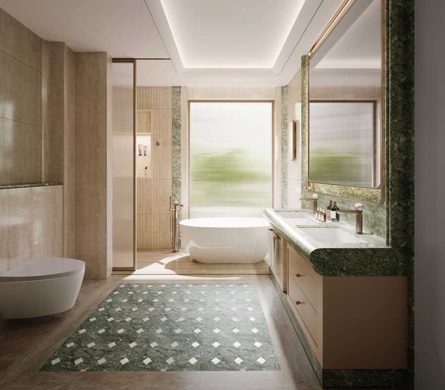 Green marble bathroom with freestanding bath